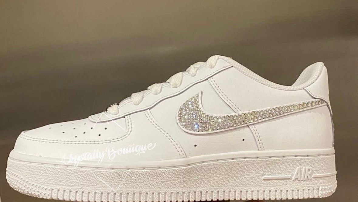 Adult Nike Air Force Ones White customised with Swarovski & Rhinestone Crystals sizes 3 -11 UK 7 8 9 10 11 UK Brand New!