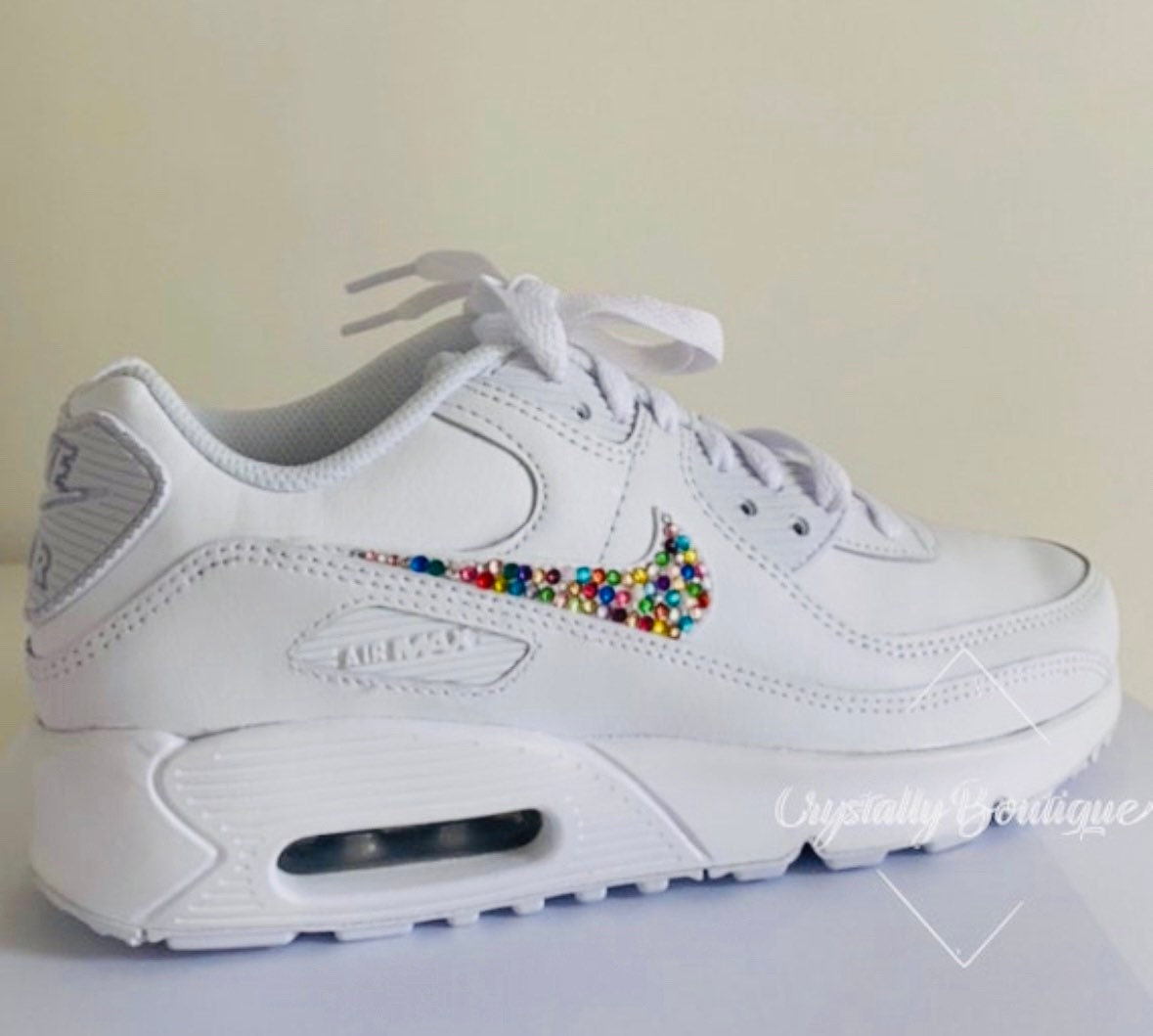 Junior Rainbow Customised Tick w/ Swarovski & Rhinestone Nike Air Max 90 White size 3 4 5 5.5 UK Brand New!