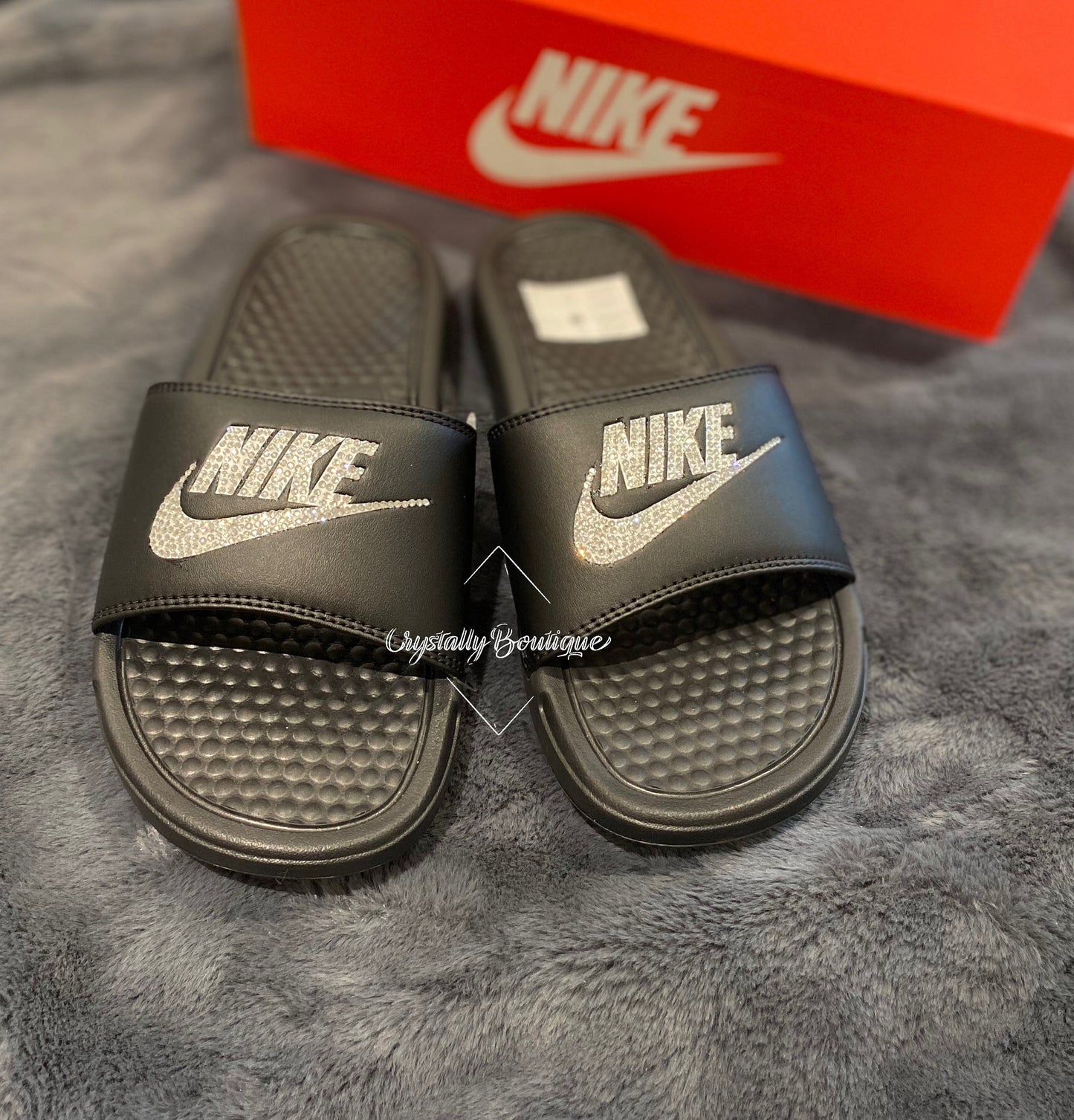 Black Customised Nike Slides Sandle Shoes with Clear Crystals 3.5 - 9.5 UK