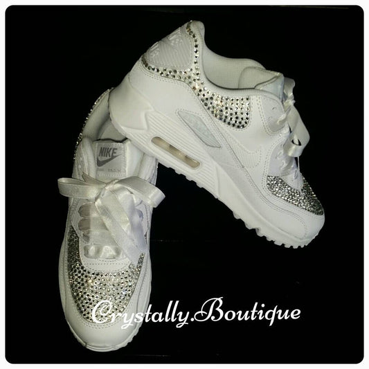 Beautiful Adult Nike Air max 90 Customised Bling Bridal with Swarovski and Rhinestone Crystals White size 6-11 UK Brand New!
