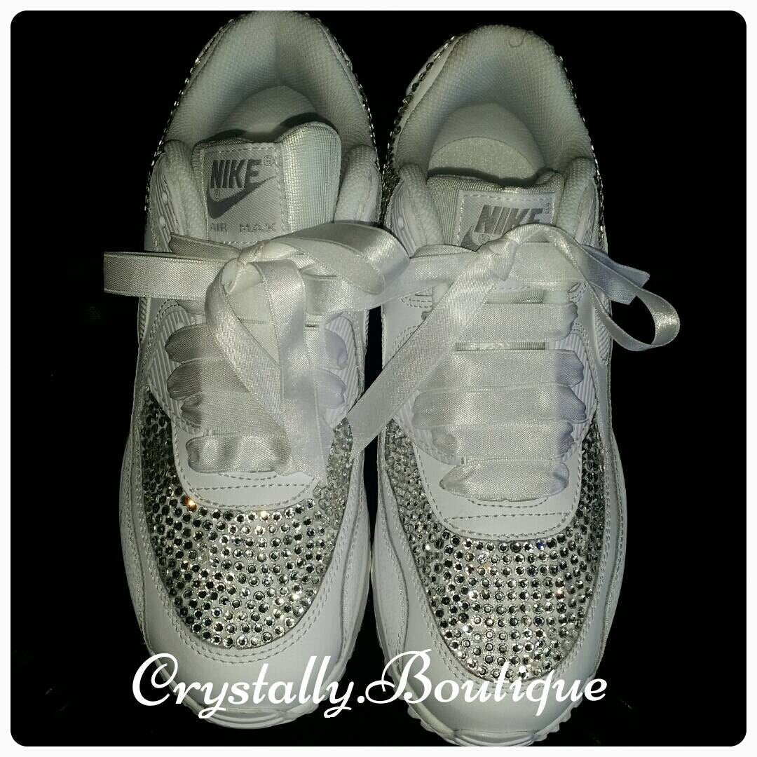 Junior Customised Swarovski & Rhinestone Nike Air Max 90 White size 3 4 5 5.5 UK Brand New!