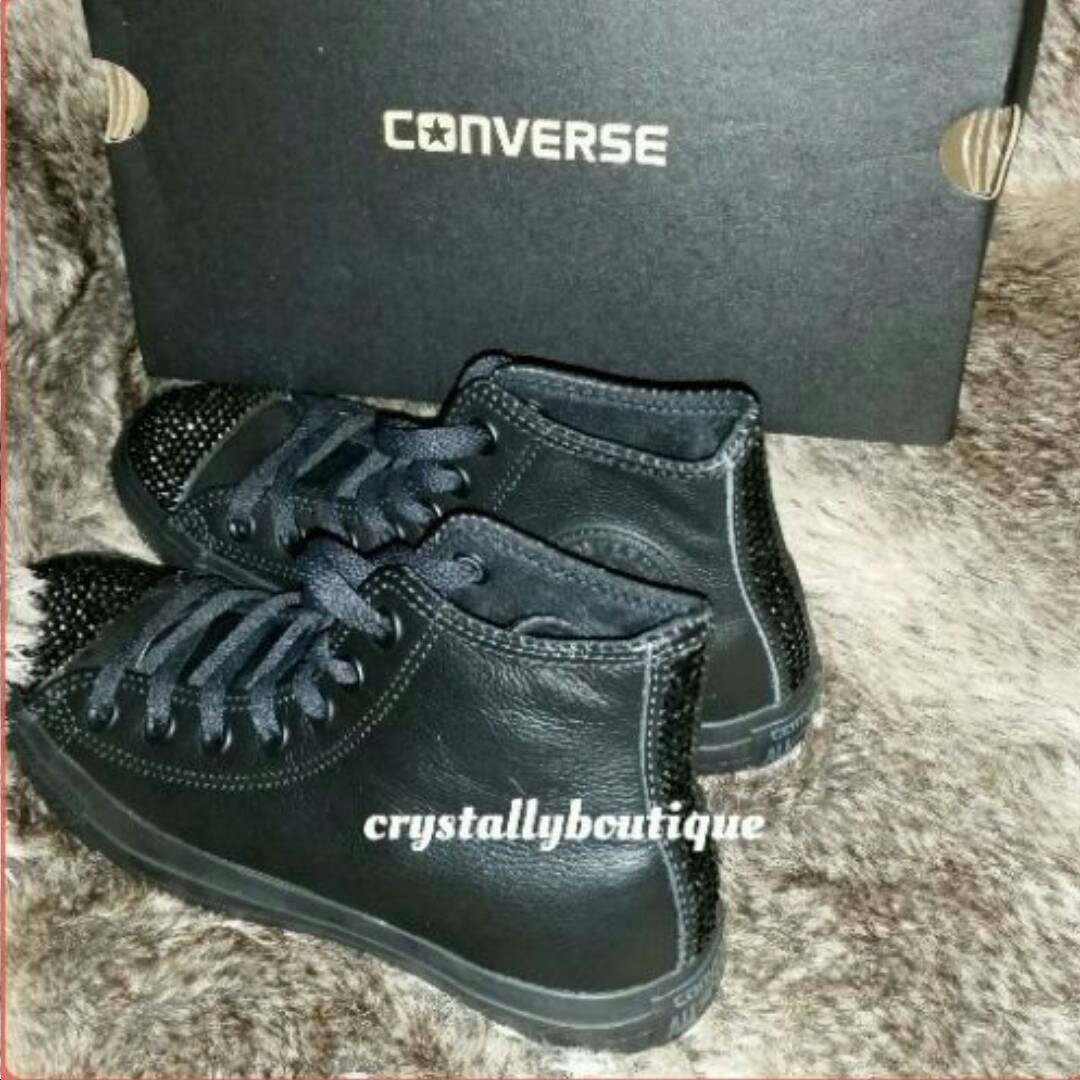 Customised Black Leather Converse with Black Crystals Junior/women's 2UK-9UK
