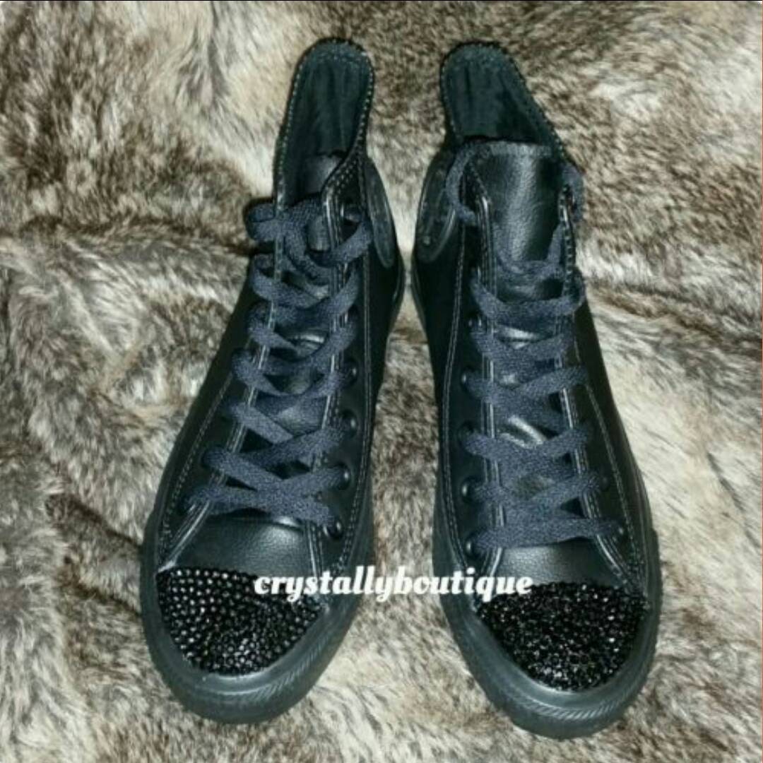 Customised Black Leather Converse with Black Crystals Junior/women's 2UK-9UK