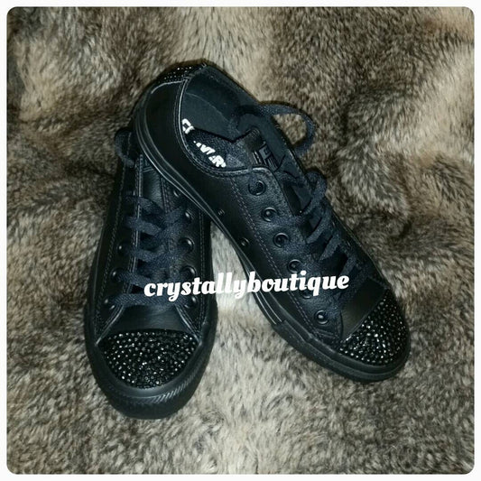 Customised Black Leather Converse Lo with Black Crystals Junior/Adult 2 3 4 5 6 7 8 9 10 11 UK