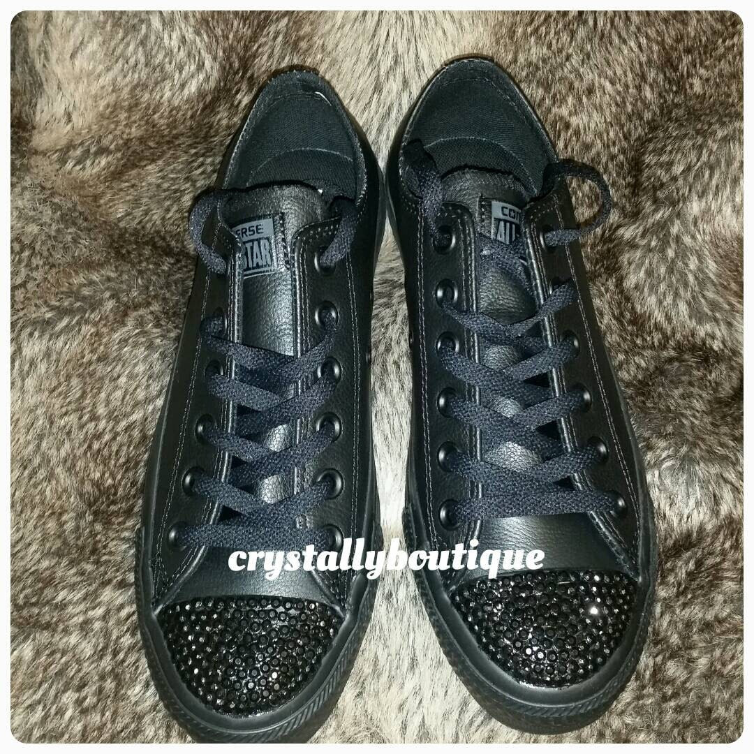 Customised Black Leather Converse Lo with Black Crystals Junior/Adult 2 3 4 5 6 7 8 9 10 11 UK