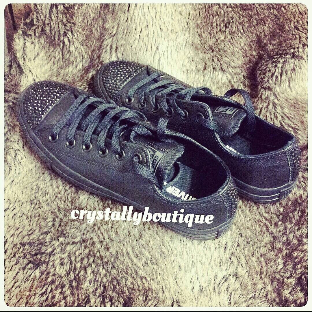 Customised Black Leather Converse Lo with Black Crystals Junior/Adult 2 3 4 5 6 7 8 9 10 11 UK